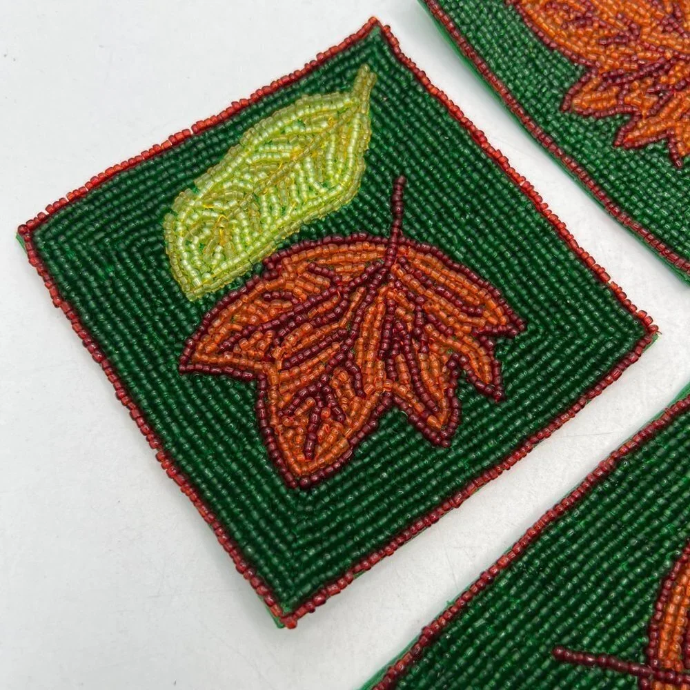 Set of Four Glass Beaded Coasters Fall Leaves Leaf Green Rust Colored